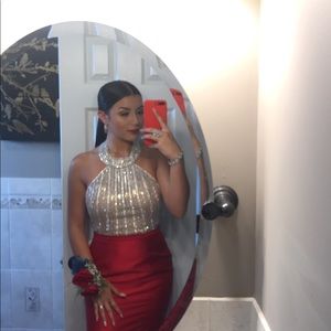 Red satin halter top gown with jeweled top